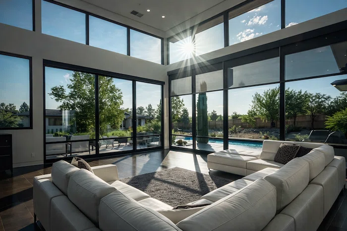 Une maison avec de grandes fenêtres vitrées avec une pellicule de protection pour bâtiment installée par Top Guard