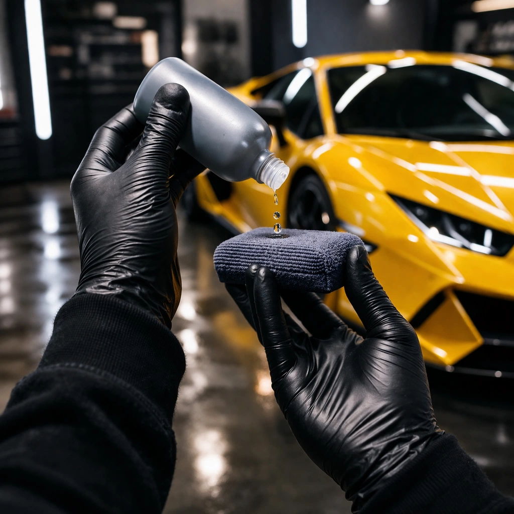 Deux mains gantés qui tiennent une bouteille de traitement nano céramique pour automobile, avec un véhicule en arrière-plan qui a été traité avec le produit et qui brille.